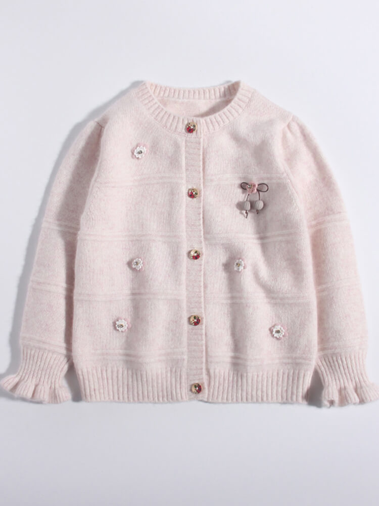 (image for) Blush Pink Flower Embroidered Girl Cashmere Button-Down Cardigan
